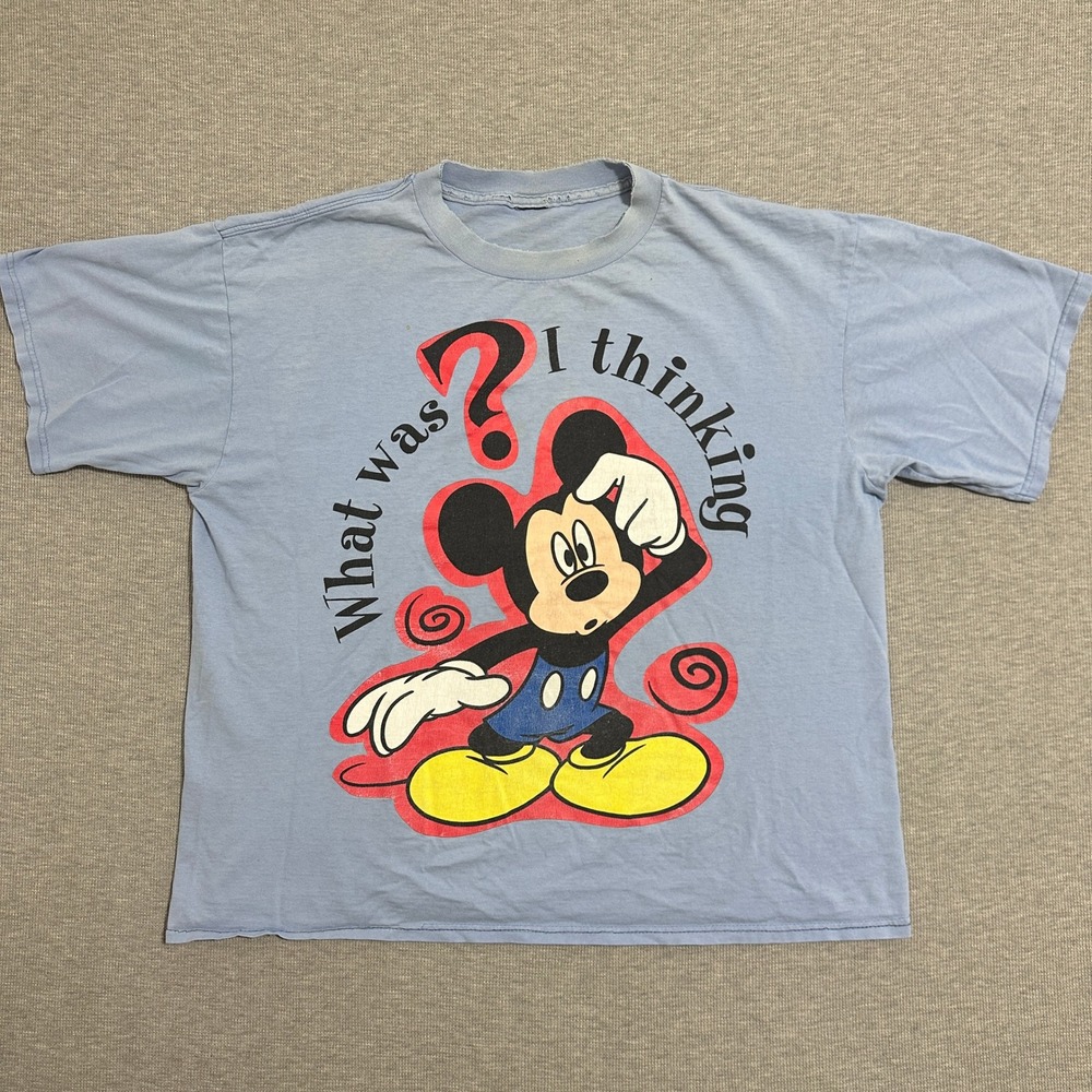 Vintage Mickey Mouse What Was I Thinking Graphic Shirt Light Blue Distressed XL